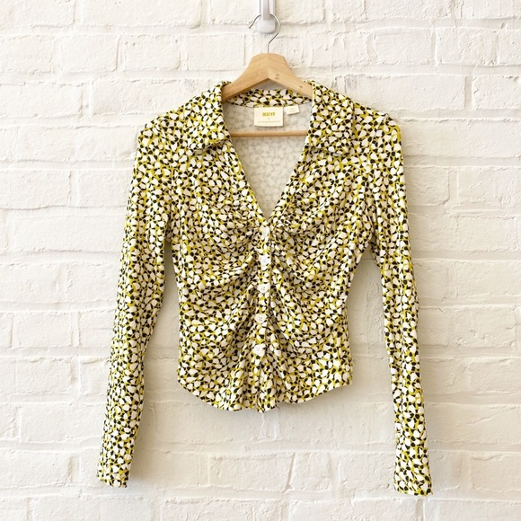 Anthropologie || Maeve Collared Button Down Ruched Top Green XS - Picture 1 of 8